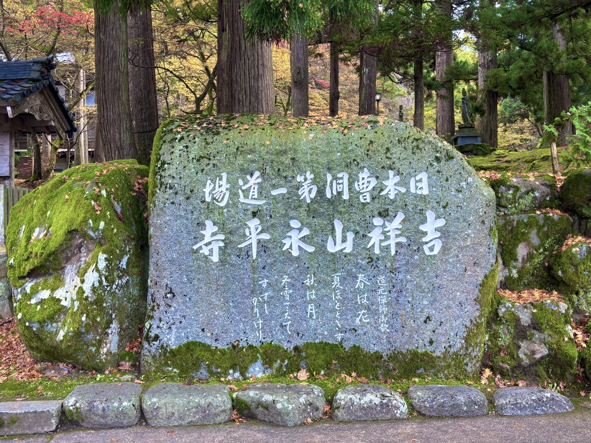 永平寺参道の苔むした岩と永平寺の看板